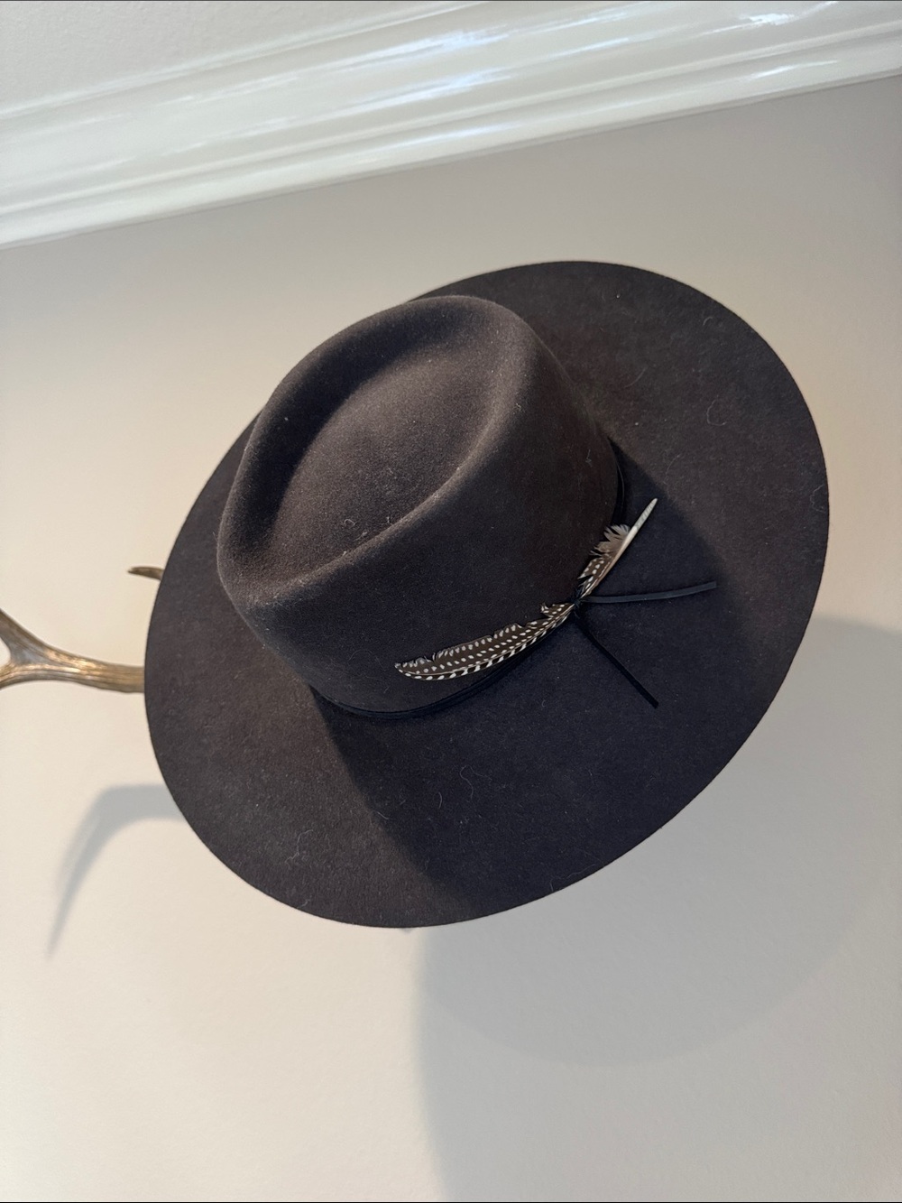 Wide Brim Black Felt Fedora with Feather Accent